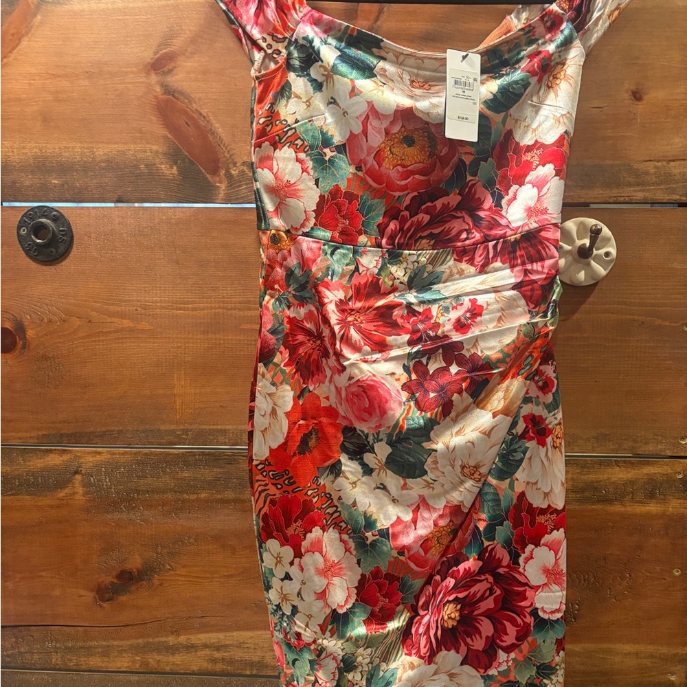 Guess Floral Satin Mini Dress in Red, White, Green